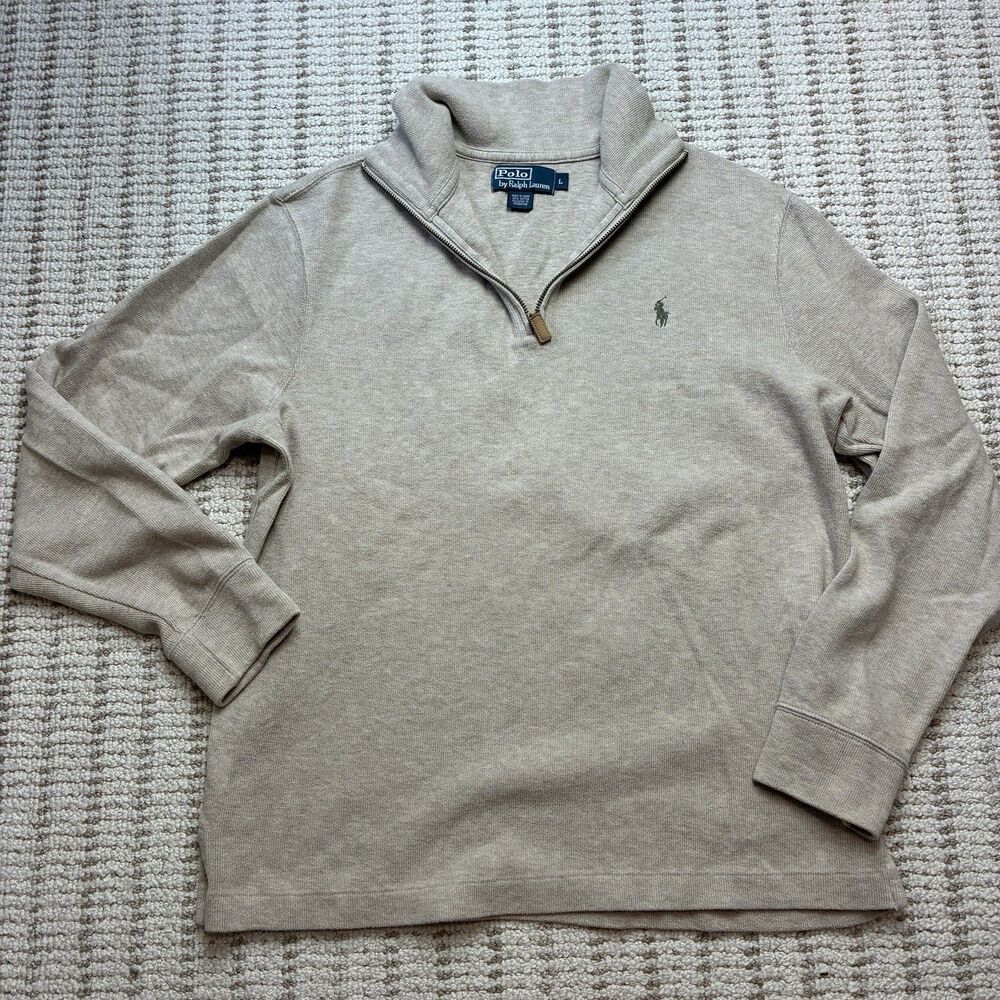 Polo Ralph Lauren Quarter-Zip Sweater Men's Large Tan Beige Cotton Mock Neck